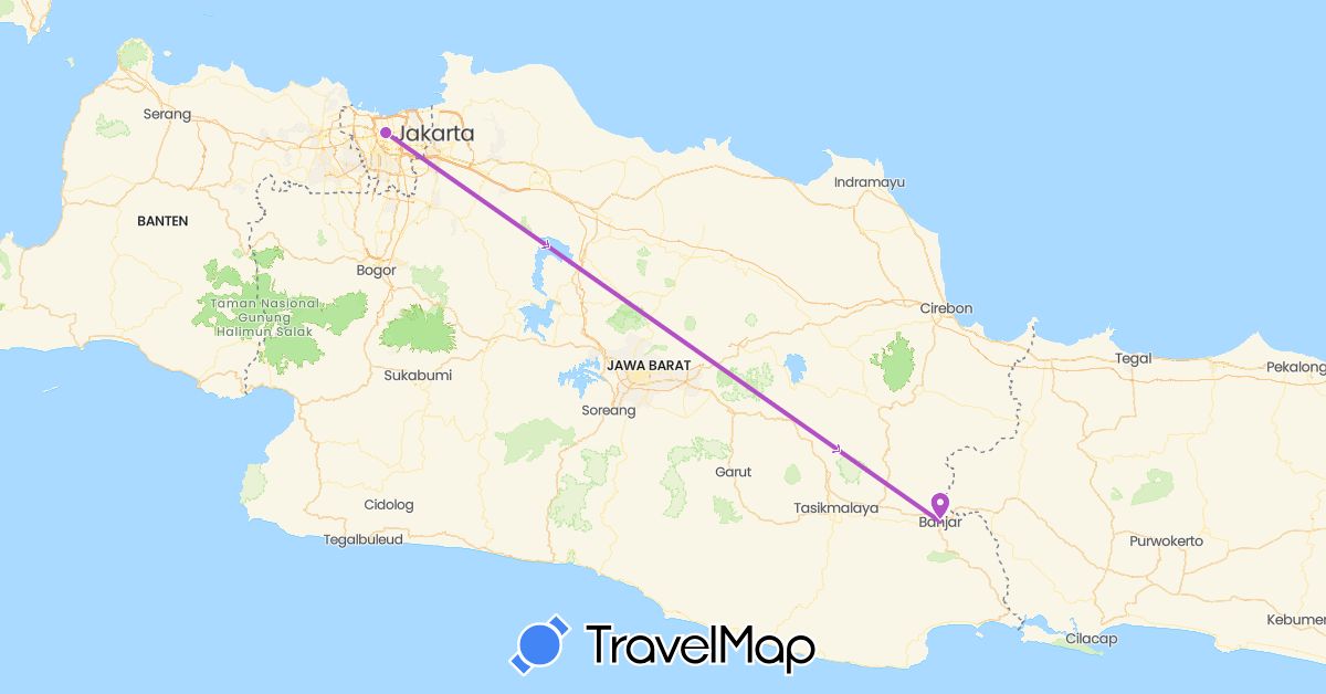 TravelMap itinerary: plane, train in Indonesia (Asia)